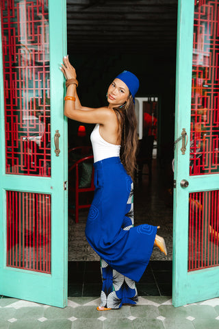 Chidera Wide leg Pants - Blue White & Green Stripes Ewa Naibu Print