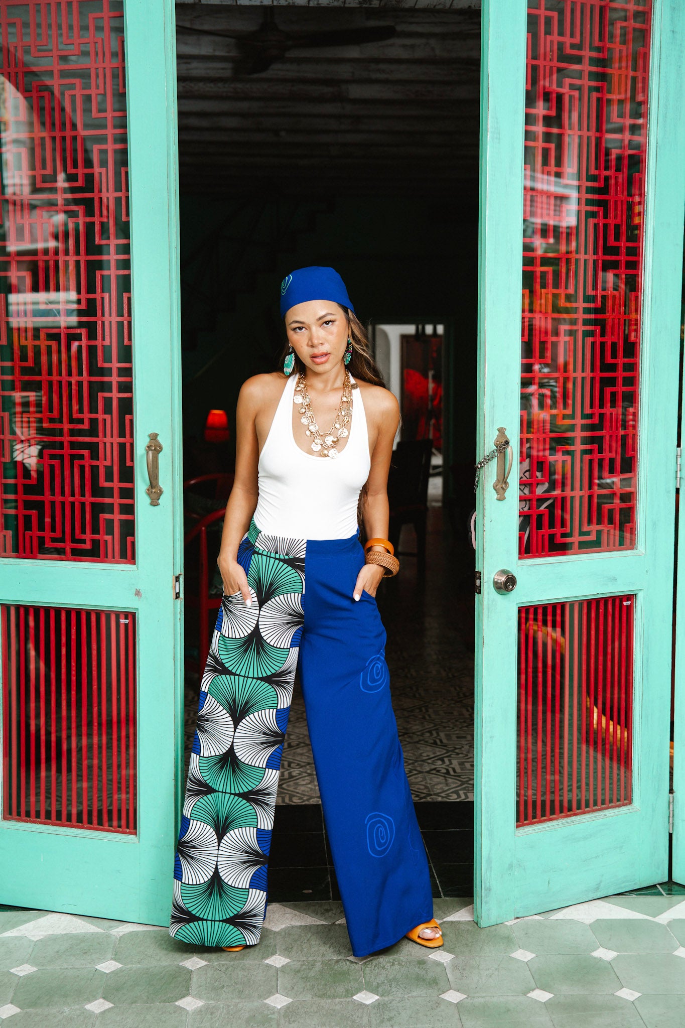 Chidera Wide leg Pants - Blue White & Green Stripes Ewa Naibu Print