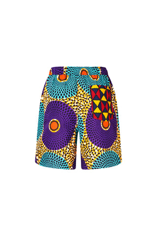 Chinny Shorts - Mix Match Water Well Cyan Purple and Orange African Ankara Wax Cotton Print