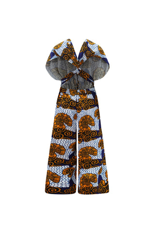 Chinwe Vintage Wide Culottes Infinity Jumpsuit - White and Blue House of Snails Print