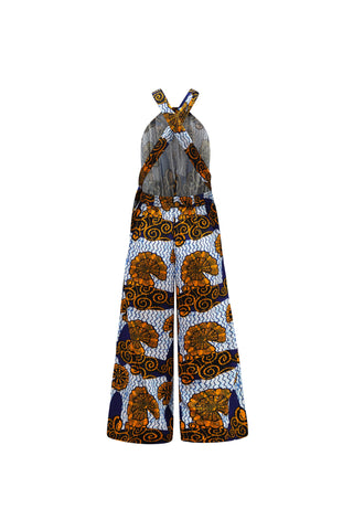 Chinwe Vintage Wide Culottes Infinity Jumpsuit - White and Blue House of Snails Print