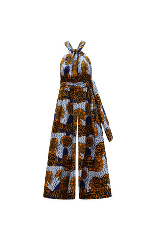 Chinwe Vintage Wide Culottes Infinity Jumpsuit - White and Blue House of Snails Print