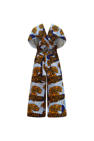 Chinwe Vintage Wide Culottes Infinity Jumpsuit - White and Blue House of Snails Print