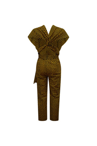 Chinwe Tapered leg Infinity Jumpsuit - Brown Yellow Fish Scale African Ankara Wax Cotton Print