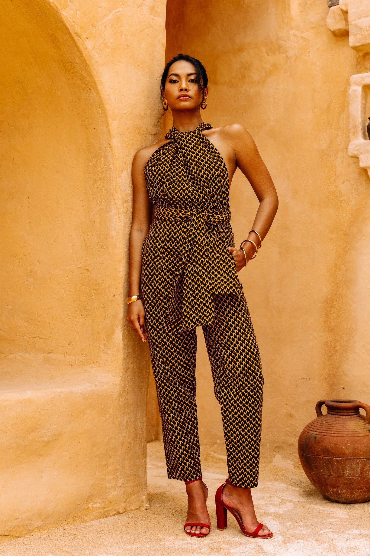 Chinwe Tapered leg Infinity Jumpsuit - Brown Yellow Fish Scale African Ankara Wax Cotton Print