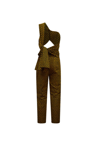 Chinwe Tapered leg Infinity Jumpsuit - Brown Yellow Fish Scale African Ankara Wax Cotton Print