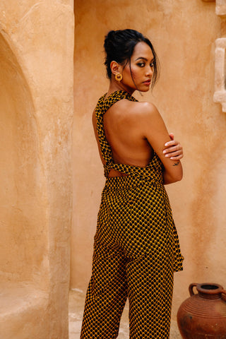 Chinwe Tapered leg Infinity Jumpsuit - Brown Yellow Fish Scale African Ankara Wax Cotton Print