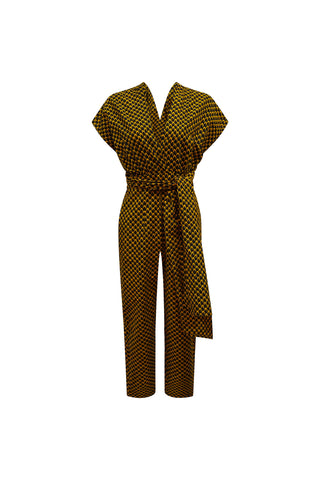 Chinwe Tapered leg Infinity Jumpsuit - Brown Yellow Fish Scale African Ankara Wax Cotton Print