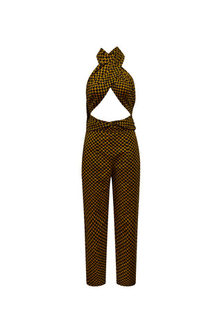 Chinwe Tapered leg Infinity Jumpsuit - Brown Yellow Fish Scale African Ankara Wax Cotton Print