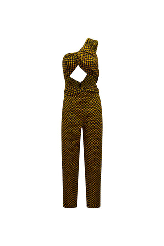 Chinwe Tapered leg Infinity Jumpsuit - Brown Yellow Fish Scale African Ankara Wax Cotton Print