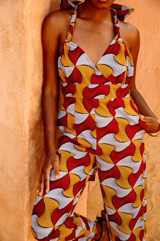 Chinwe Tapered leg Infinity Jumpsuit - Red Yellow White Santana African Ankara Wax Cotton Print