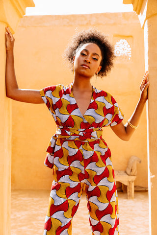 Chinwe Tapered leg Infinity Jumpsuit - Red Yellow White Santana African Ankara Wax Cotton Print