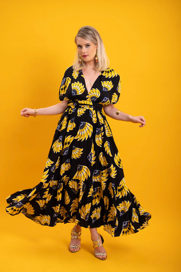 Chinwe Skirt Infinity Dress - Yellow & Black Plantain (banana) Print
