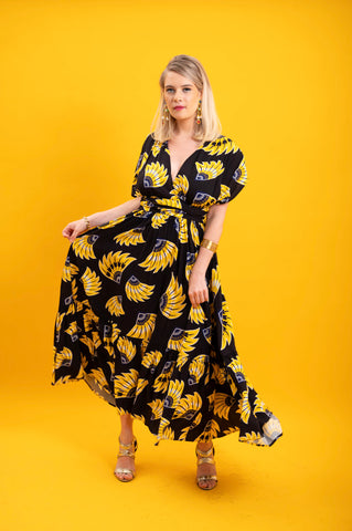 Chinwe Skirt Infinity Dress - Yellow & Black Plantain (banana) Print