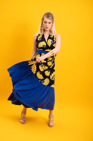 Chinwe Skirt Infinity Dress - Yellow & Black & Blue Plantain (banana) Print