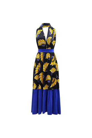 Chinwe Skirt Infinity Dress - Yellow & Black & Blue Plantain (banana) Print