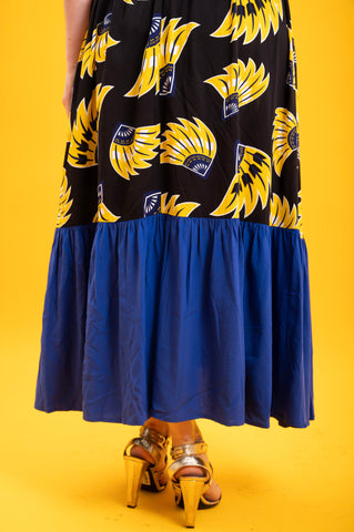 Chinwe Skirt Infinity Dress - Yellow & Black & Blue Plantain (banana) Print