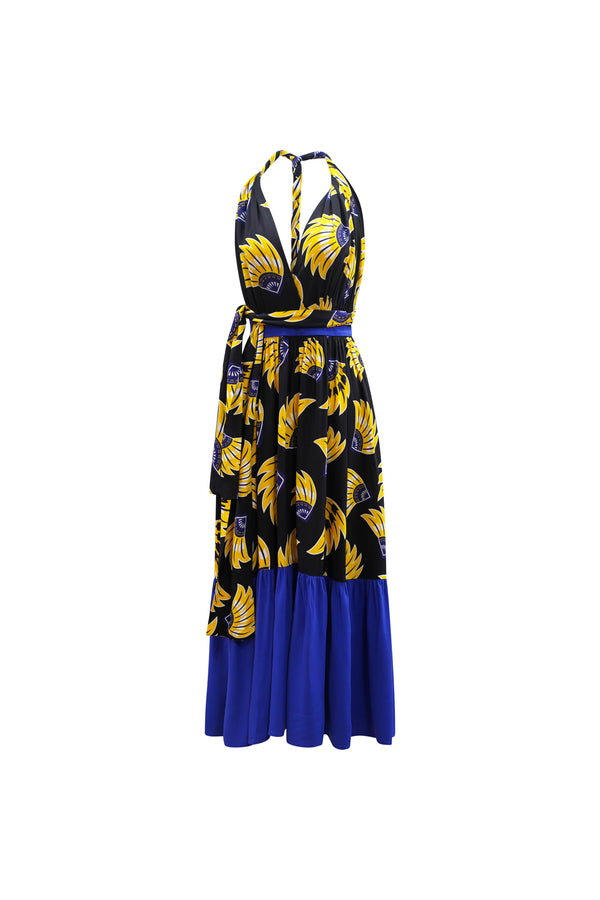 Chinwe Skirt Infinity Dress - Yellow & Black & Blue Plantain (banana) Print