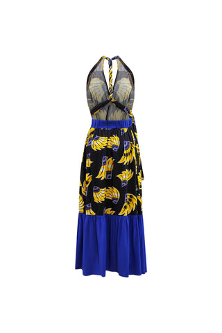 Chinwe Skirt Infinity Dress - Yellow & Black & Blue Plantain (banana) Print