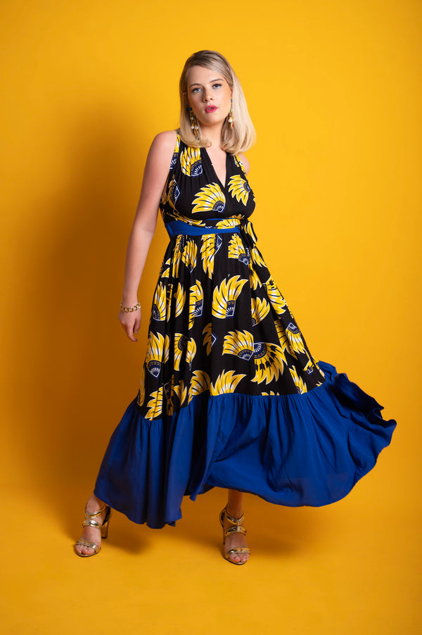 Chinwe Skirt Infinity Dress - Yellow & Black & Blue Plantain (banana) Print