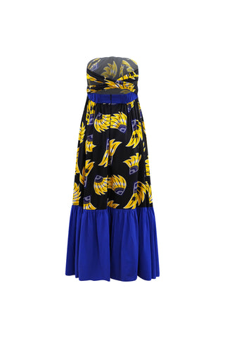 Chinwe Skirt Infinity Dress - Yellow & Black & Blue Plantain (banana) Print