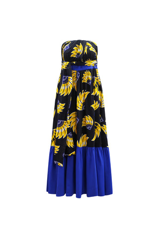 Chinwe Skirt Infinity Dress - Yellow & Black & Blue Plantain (banana) Print