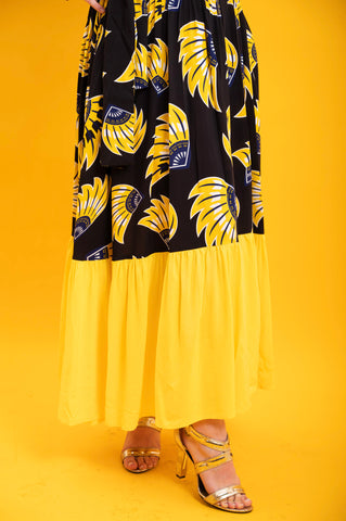 Chinwe Skirt Infinity Dress - Yellow & Black & Yellow Plantain (banana) Print