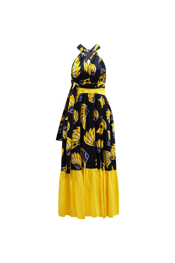 Chinwe Skirt Infinity Dress - Yellow & Black & Yellow Plantain (banana) Print