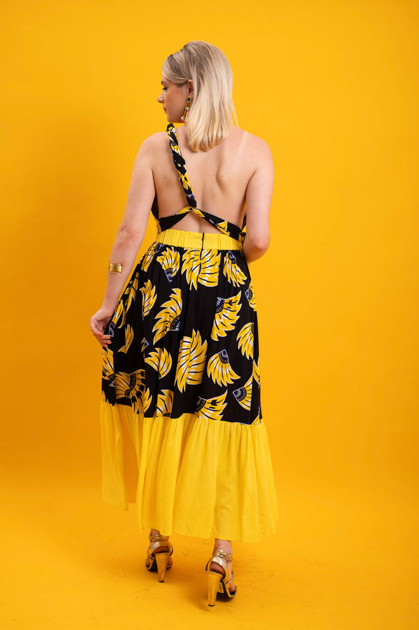 Chinwe Skirt Infinity Dress - Yellow & Black & Yellow Plantain (banana) Print
