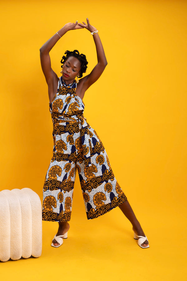 Chinwe Vintage Wide Culottes Infinity Jumpsuit - White and Blue House of Snails Print