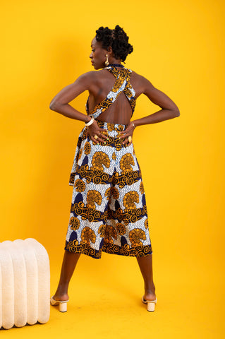 Chinwe Vintage Wide Culottes Infinity Jumpsuit - White and Blue House of Snails Print
