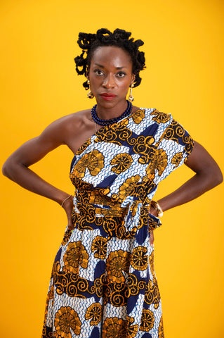 Chinwe Vintage Wide Culottes Infinity Jumpsuit - White and Blue House of Snails Print