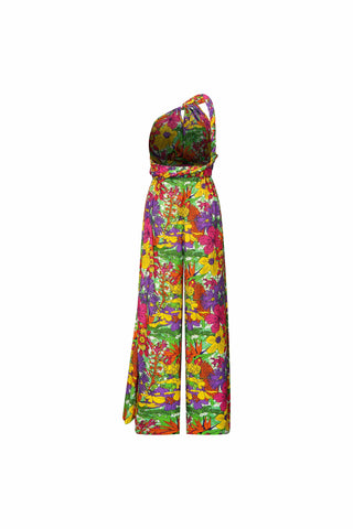 Chinwe Wide Leg Infinity Jumpsuit with Adjustable Straps - Green Pink Yellow Garden Mosaic | ILC OA OG