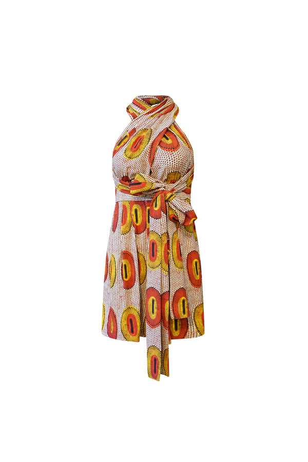 Chinwe Shorts Infinity Romper with Adjustable Straps -  Yellow and Orange Rhythmic Spirits Print | ILC OA OG