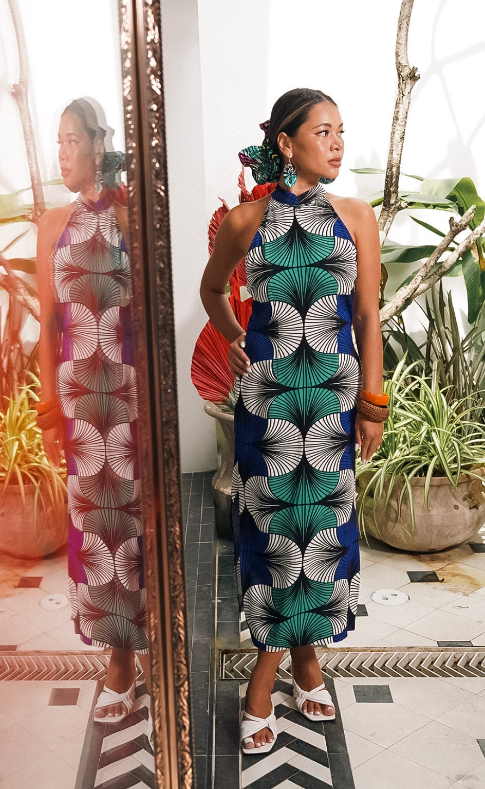 Clara Cheongsam Dress - Blue White & Green EWA NAIBU Print