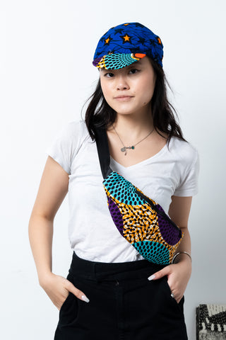 Seye Waistbag -  Cyan Purple and Orange Water Well African Ankara Wax Cotton Print -2