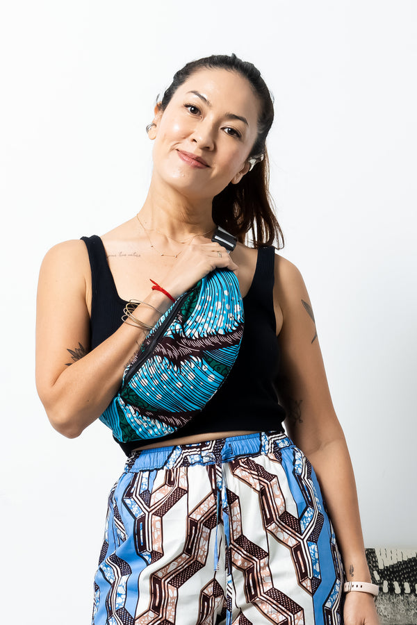 Seye Waistbag -  Cyan Green and Blue African Ankara Wax Cotton Print -5