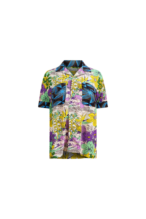 Yinka Shirt with Contrasting Collar and Pockets - Mix Match Pink Yellow Blue Black Garden Mosaic Print | ILC OA OG