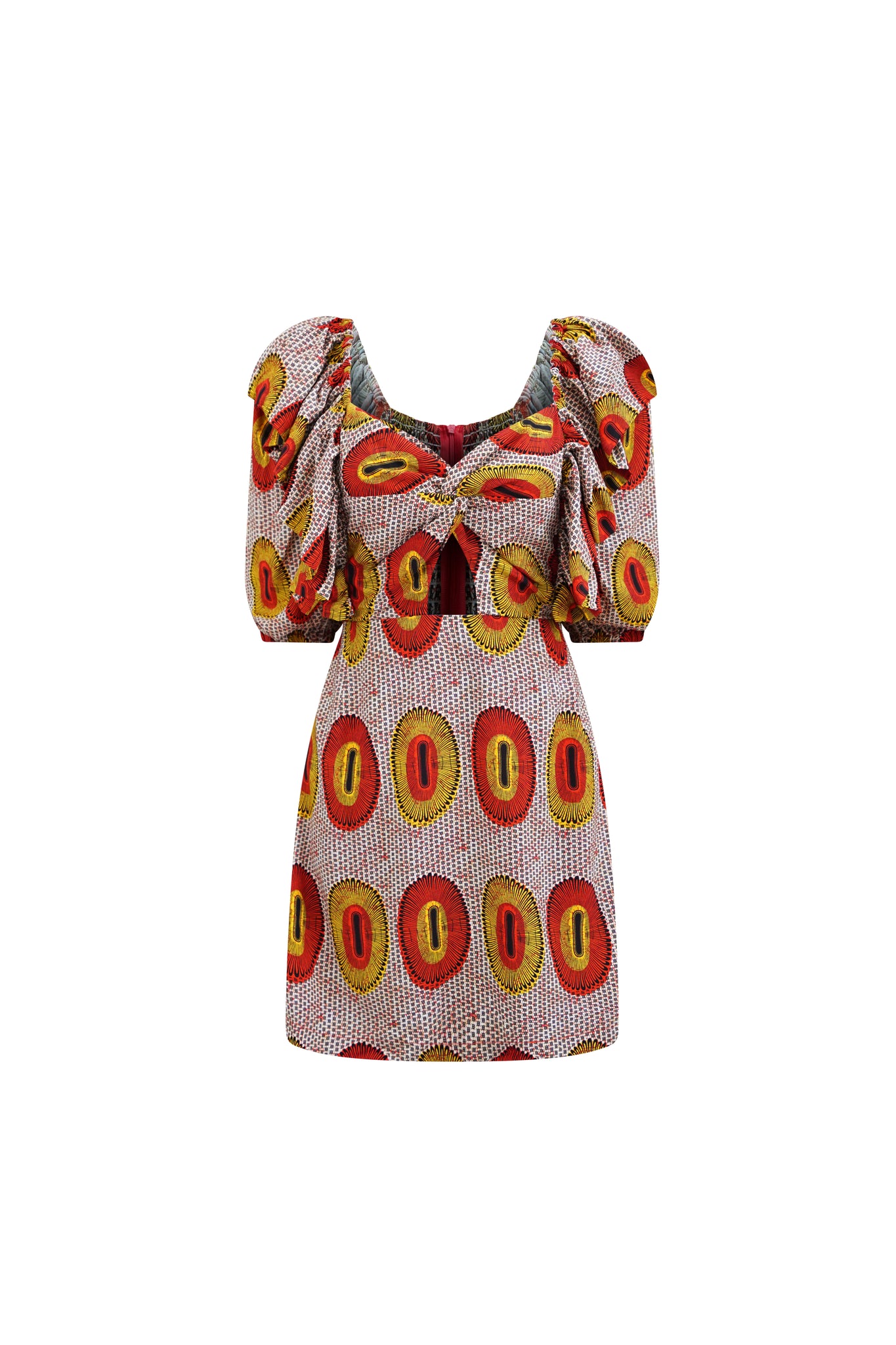 Zalika Mini Dress with Sweetheart Neckline and Twist Detail - Yellow and Orange Rhythmic Spirits Print | ILC OA OG