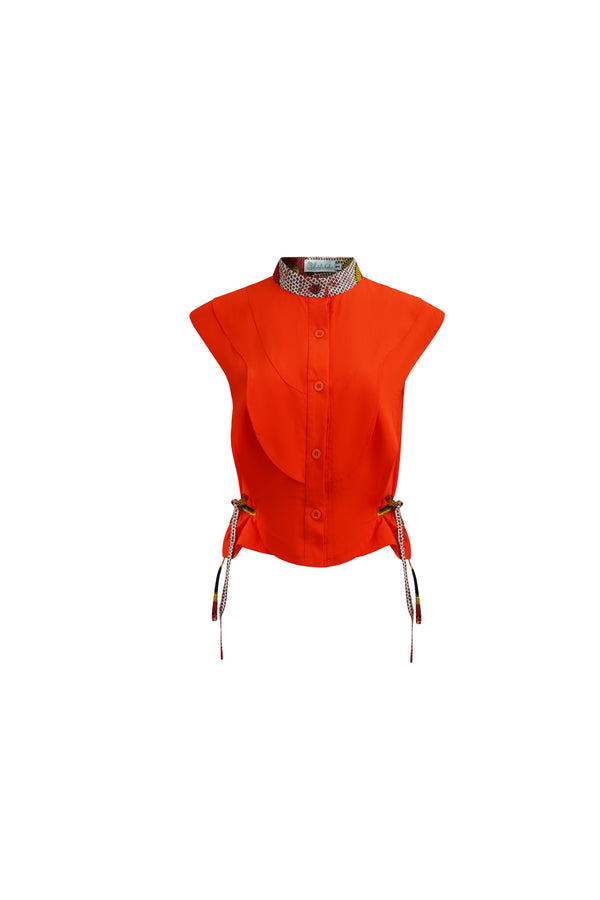 Adanna High Neck Shirt Top - African Sunset Orange & Rhythmic Spirits Print | ILC OA OG