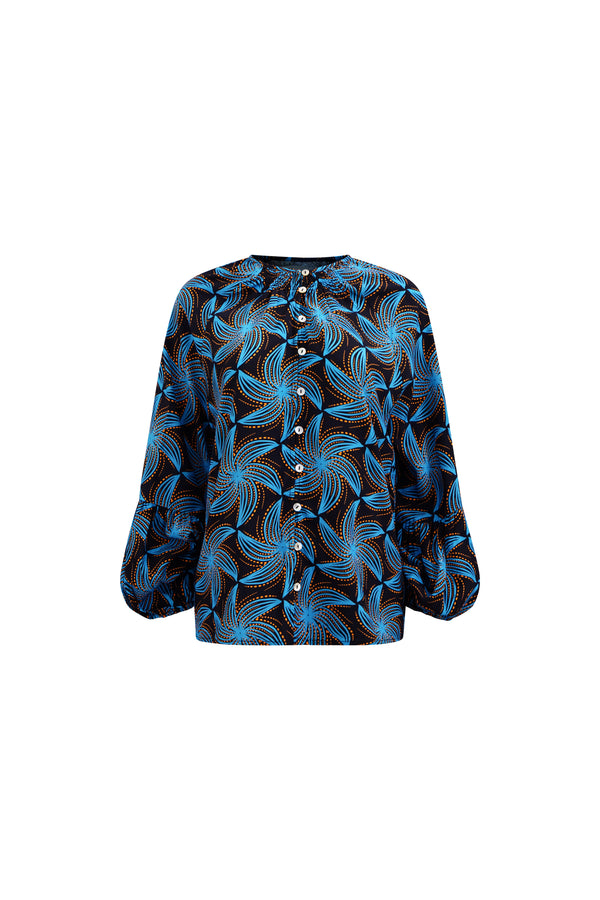 Lulu Shirt Top with Ruffle Neck and Long Sleeves - Blue Black and Orange Stellar Whirls Print | ILC OA OG