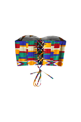Deka Medley Corset - White & Blue Yellow Red Kente Print