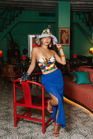 Deka Medley Corset - White & Blue Yellow Red Kente Print