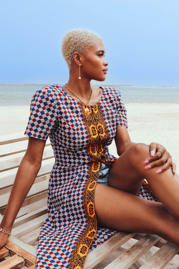 Emeli Button Front Long Top with Low-cut Back - Red Blue and White Sugar Cube African Ankara Wax Cotton Print