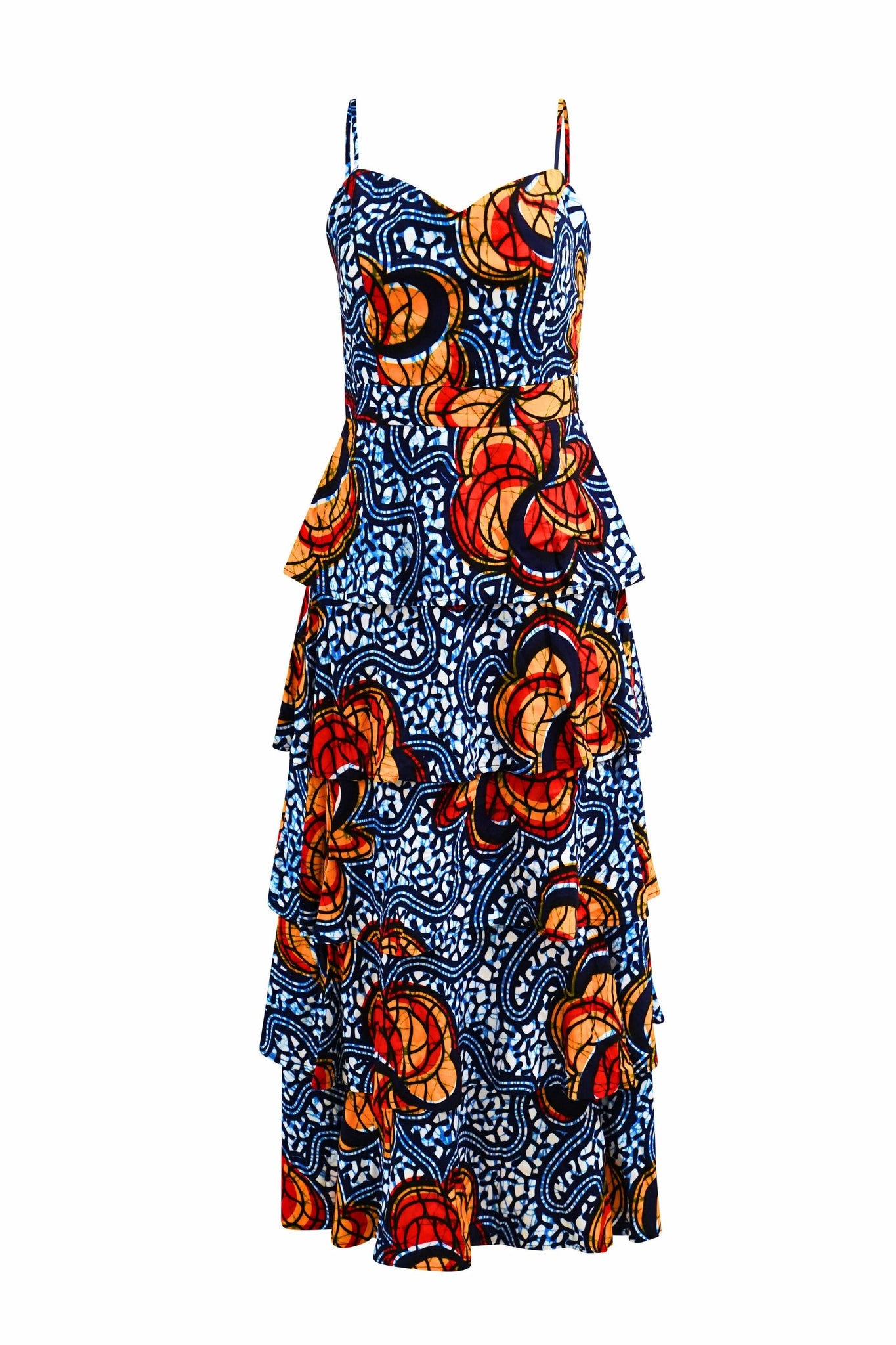 Folakemi Layered Ruffle Midi Dress - Blue Yellow & Orange Ọdọ Ayo Print