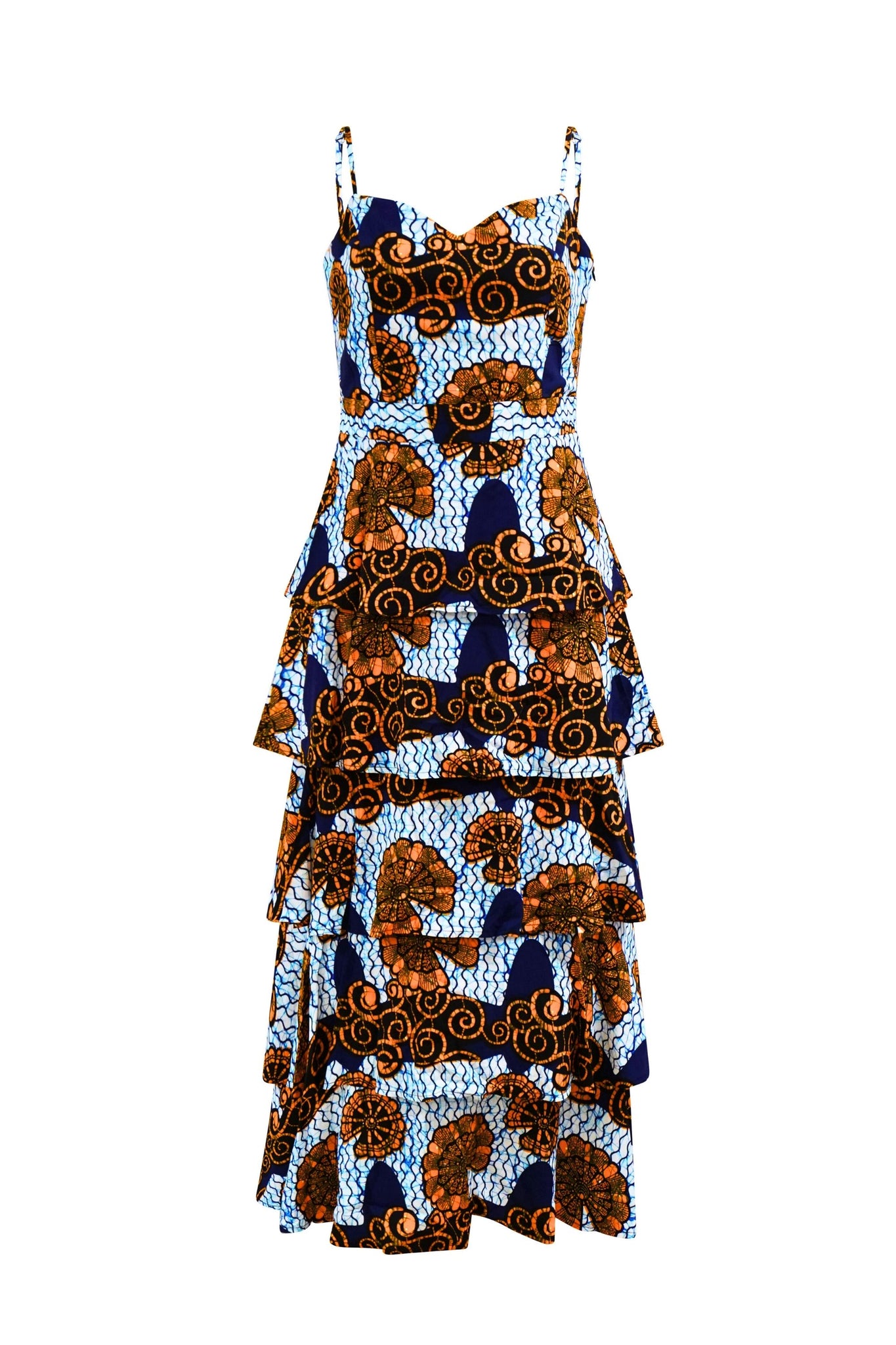Folakemi Layered Ruffle Midi Dress - White & Blue Snail Print