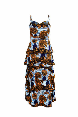 Folakemi Layered Ruffle Midi Dress - White & Blue Snail Print