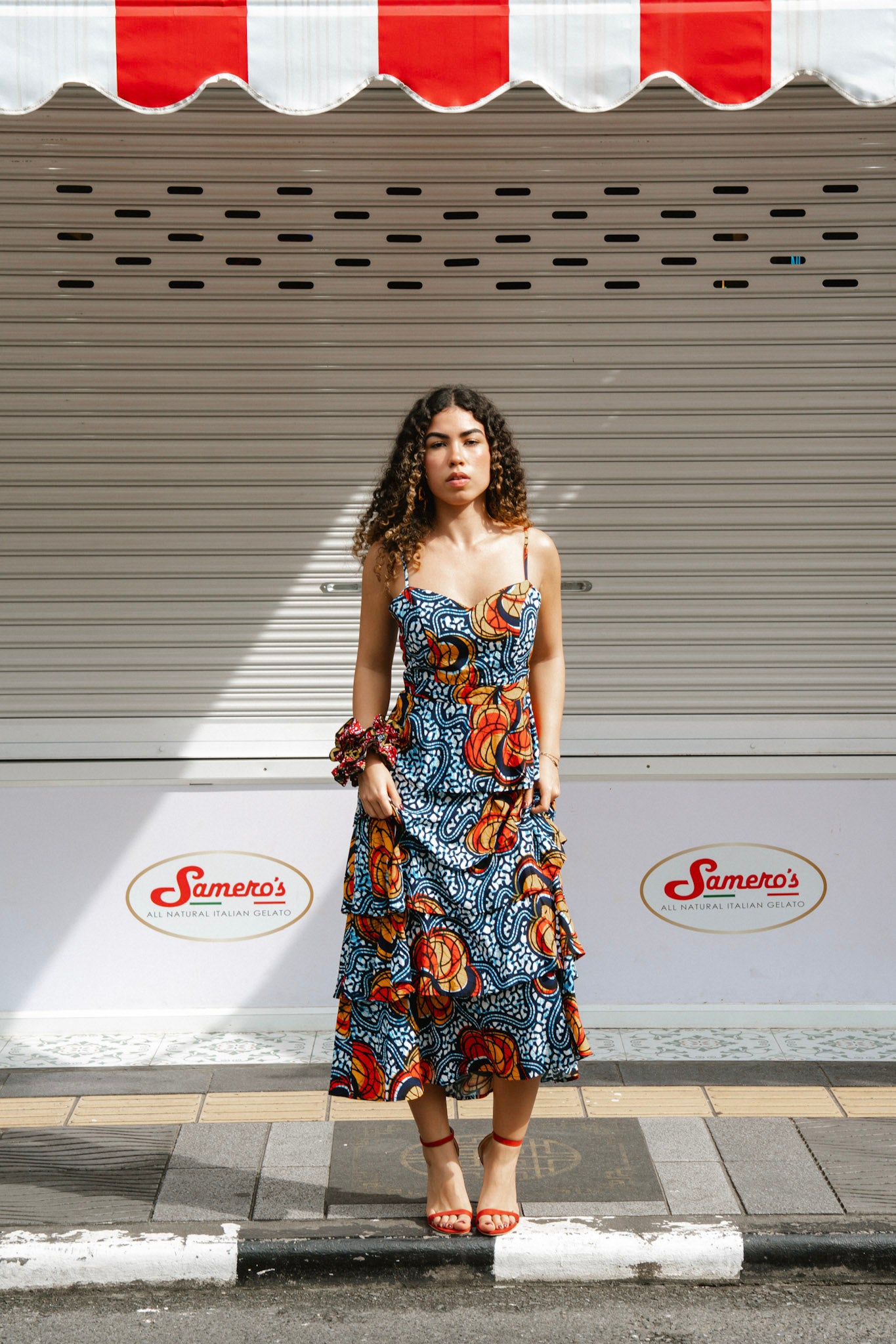 Folakemi Layered Ruffle Midi Dress - Blue Yellow & Orange Ọdọ Ayo Print