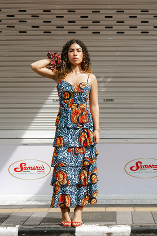 Folakemi Layered Ruffle Midi Dress - Blue Yellow & Orange Ọdọ Ayo Print
