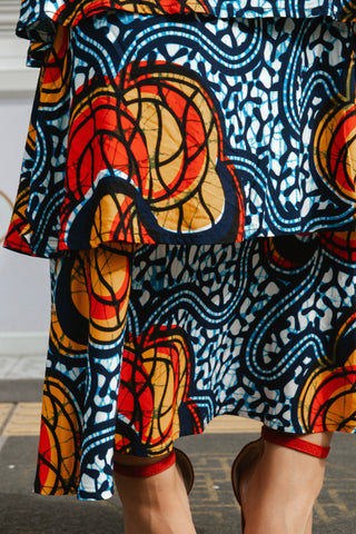 Folakemi Layered Ruffle Midi Dress - Blue Yellow & Orange Ọdọ Ayo Print